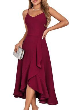 Women's Sleeveless Cocktail Dress Burgundy Formal Church High Low Ruffle Dress